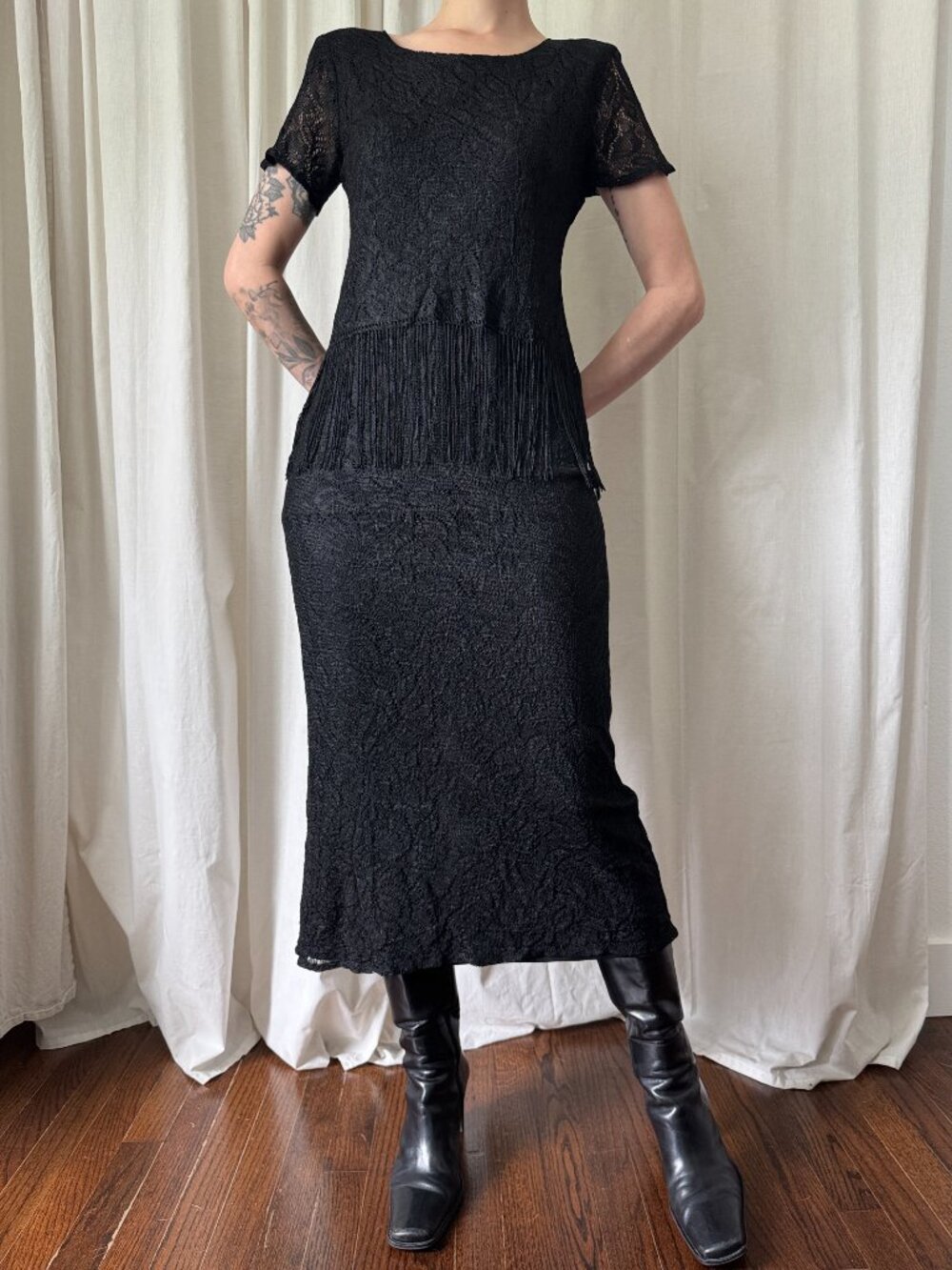 Vintage Sheri Martin Black Knit Tassel Fringe Dress Women's Size 6 Whimsigoth